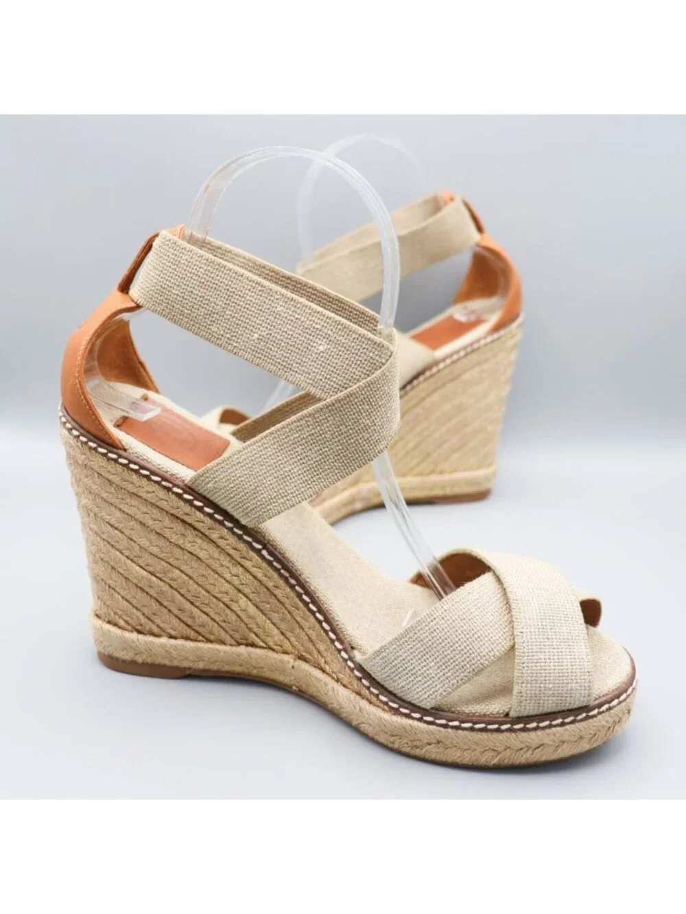 Tory Burch Frieda Platform Wedge Espadrille Sandals Beige Elastic Straps 9.5 B